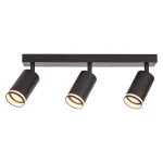 Lampa sufitowa Pipe Ring w kolorze czarnym z trzema reflektorami GU10. Ułożona poziomo na prostokątnej podstawie, każdy reflektor o cylindrycznym kształcie z metalicznymi wykończeniami. Idealna do oświetlenia wnętrz.