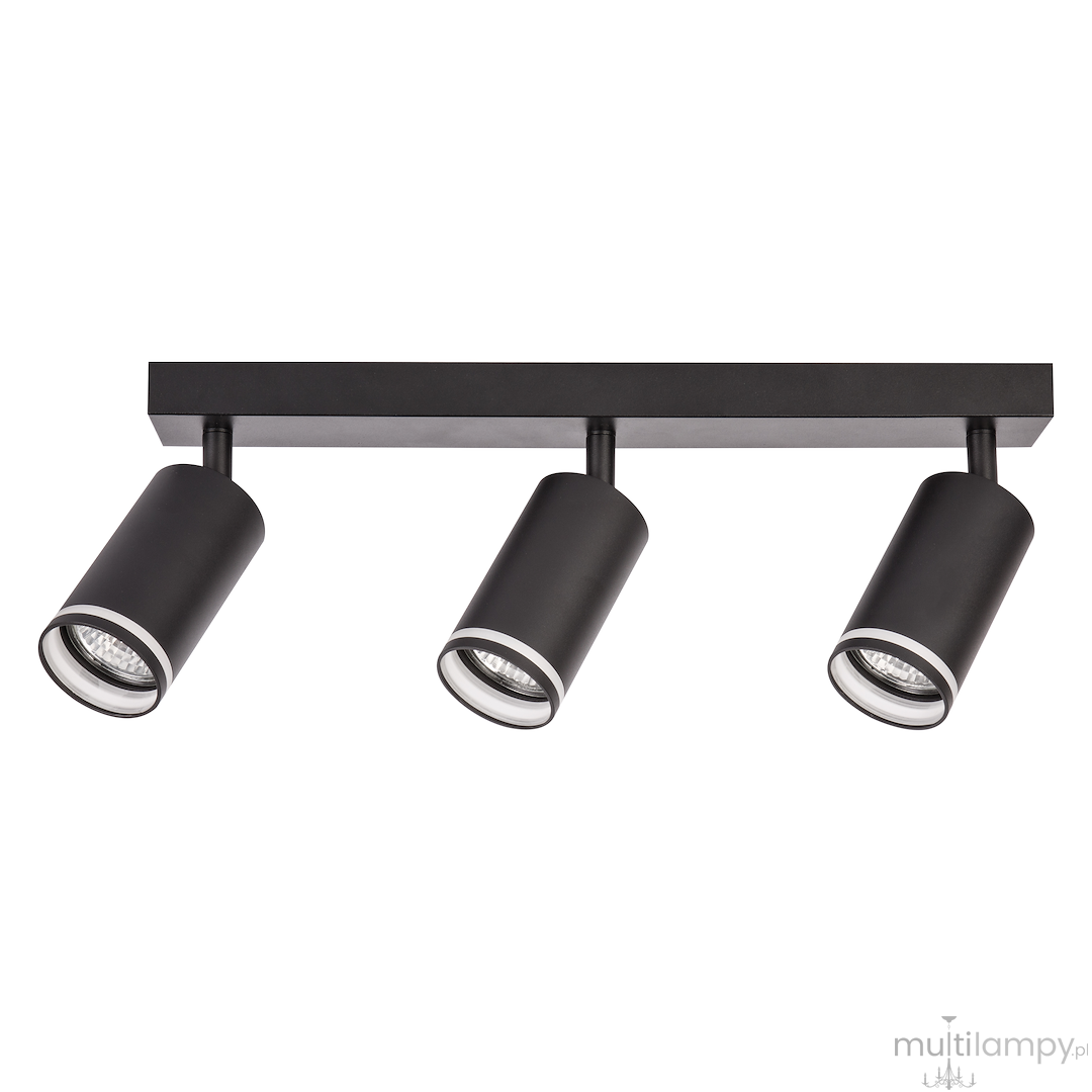 Lampa sufitowa Pipe Ring w kolorze czarnym z trzema regulowanymi spotami na ledowe żarówki GU10. Ułożona poziomo, z cylindrycznymi kloszami i metalową podstawą, idealna do oświetlenia wnętrz.