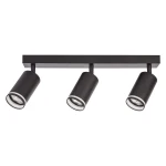 Lampa sufitowa Pipe Ring w kolorze czarnym z trzema regulowanymi spotami na ledowe żarówki GU10. Ułożona poziomo, z cylindrycznymi kloszami i metalową podstawą, idealna do oświetlenia wnętrz.