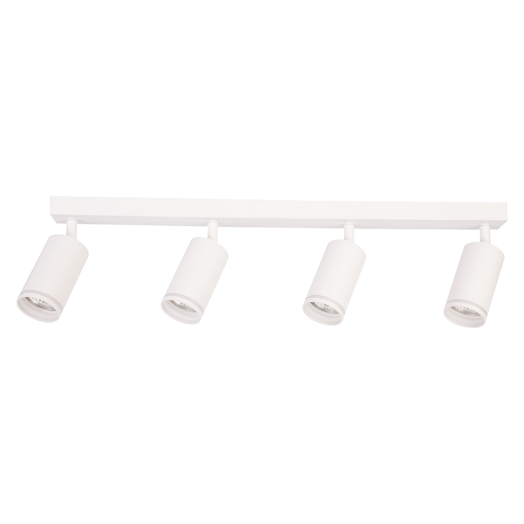 Lampa sufitowa Pipe Ring z czterema białymi spotami GU10, zamontowana na prostokątnej, białej listwie. Każdy reflektor ma cylindryczny kształt i jest skierowany w różne strony, co umożliwia regulację oświetlenia w pomieszczeniu.