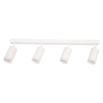 Lampa sufitowa Pipe Ring z czterema białymi spotami GU10, zamontowana na prostokątnej, białej listwie. Każdy reflektor ma cylindryczny kształt i jest skierowany w różne strony, co umożliwia regulację oświetlenia w pomieszczeniu.