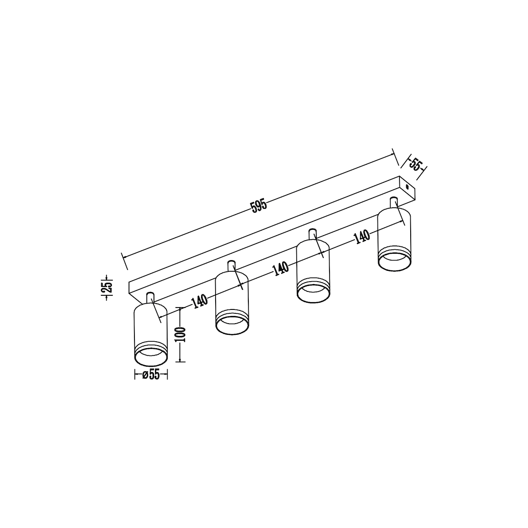 Lampa sufitowa typu spot Pipe Ring w kolorze białym z 4 oprawami na żarówki GU10. Kąt ujęcia pokazuje lampę w widoku z boku, z widocznymi wymiarami: długość 595 mm, wysokość 125 mm, średnica oprawy 55 mm.