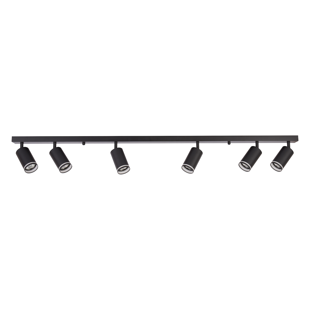 Czarna lampa sufitowa Pipe Ring z sześcioma punktami świetlnymi GU10, zamontowana na prostokątnej podstawie. Reflektory ustawione pod różnymi kątami, co pozwala na regulację kierunku światła. Prosta forma, idealna do nowoczesnych wnętrz.