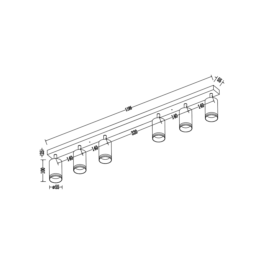 Czarna lampa sufitowa Pipe Ring z sześcioma spotami GU10, o długości 1196 mm i wysokości 100 mm. Ujęcie z boku, ukazujące prostokątną listwę oraz rozmieszczenie opraw świetlnych w równych odstępach. Wymiary detali: odstęp między spotami wynosi 320 mm.