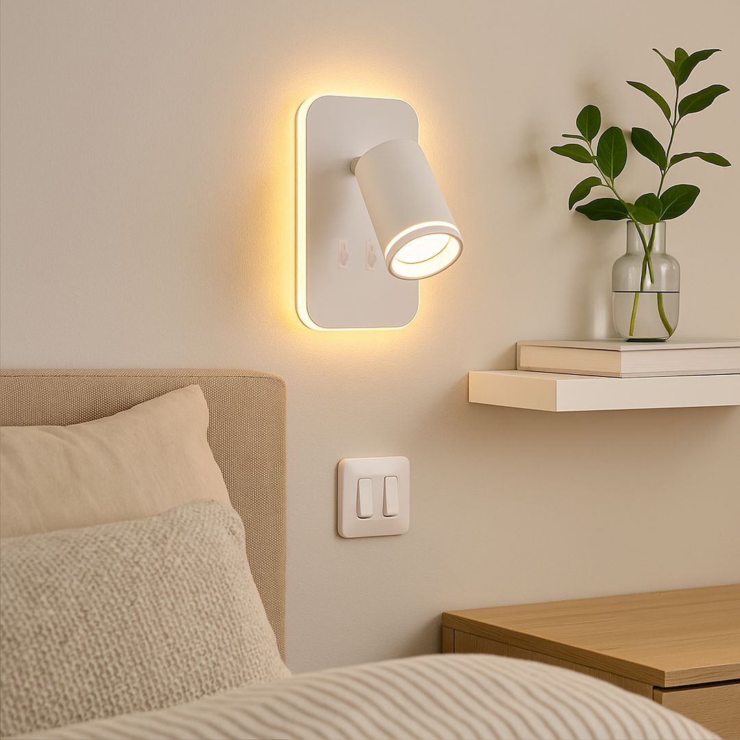 Kinkiet Pipe Ring w kolorze białym z ruchomym spotem na jedną żarówkę GU10. Umieszczony na ścianie, oświetlający przestrzeń ciepłym blaskiem. W tle widoczna półka z rośliną w szklanym wazonie oraz przytulne łóżko z poduszkami.