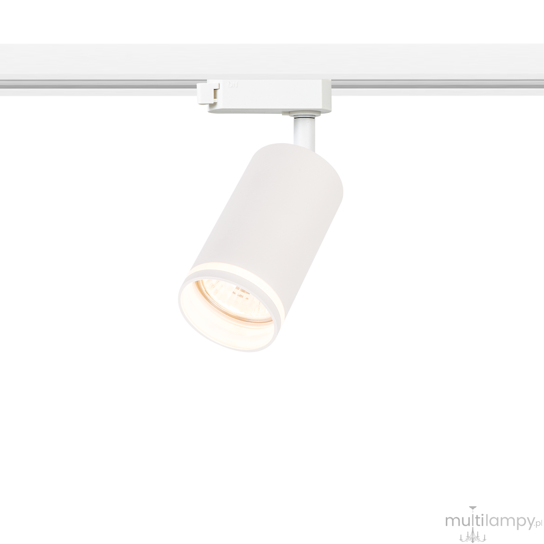 Reflektor Track Pipe Ring w kolorze białym, przeznaczony do szyny 1xGU10. Cylindryczny kształt, umieszczony na krótkim ramieniu, z widocznym źródłem światła wewnątrz. Produkt zawieszony w pozycji pionowej na tle białym.