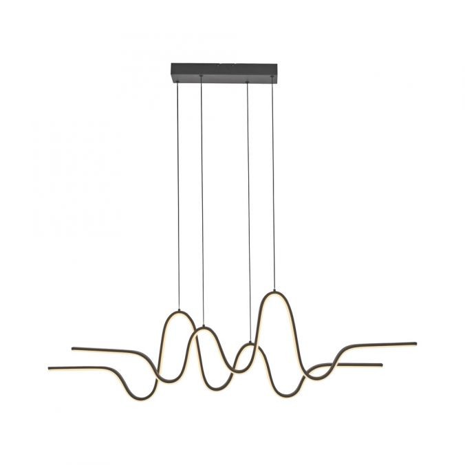 Lampa wisząca LED Altitude 59W o ciepłej barwie 3000K, czarna, z falującym kształtem. Posiada metalowy stelaż z trzema zawieszeniami, emitującym równomierne światło. Idealna do nowoczesnych wnętrz.