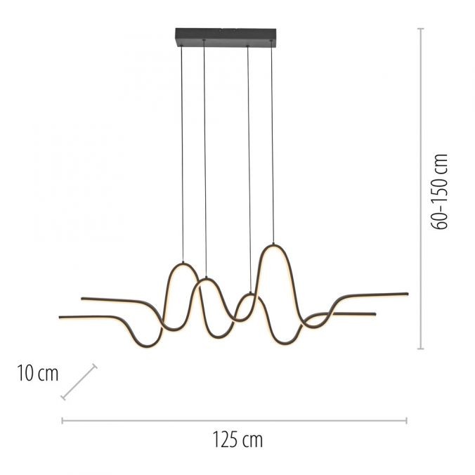 Lampa wisząca LED Altitude 59W 3000K w kolorze czarnym, o falistym kształcie. Wymiary: długość 125 cm, wysokość regulowana 60-150 cm, szerokość 10 cm. Zawieszona na trzech linkach, montowana do sufitu.