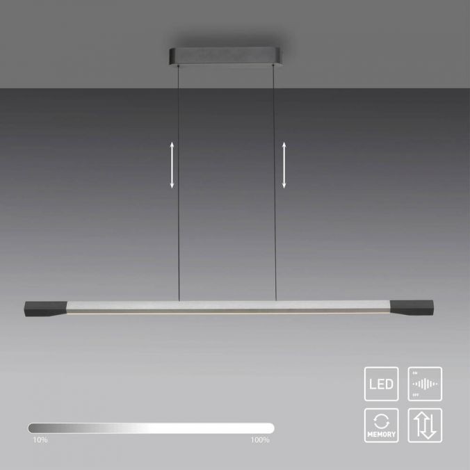 Lampa wisząca LED Hoop 27W 3000K w kolorze aluminium i antracytu. Prosta, smukła konstrukcja z prostokątnym kloszem, zawieszona na przezroczystych linkach. Widoczny panel sterujący z ikonami LED i pamięci.
