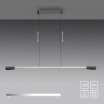 Lampa wisząca LED Hoop 27W 3000K w kolorze aluminium i antracytu. Prosta, smukła konstrukcja z prostokątnym kloszem, zawieszona na przezroczystych linkach. Widoczny panel sterujący z ikonami LED i pamięci.