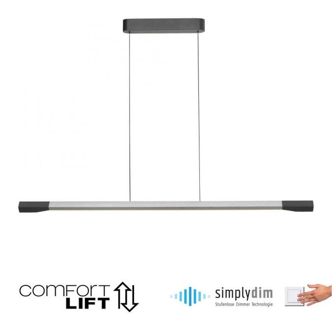 Lampa wisząca LED Hoop 27W 3000K w kolorze antracytowym i aluminiowym, o prostokątnym kształcie z dwoma zawieszeniami. Widoczny uchwyt sufitowy w antracycie. Logo COMFORT LIFT i simplydim na tle białym.