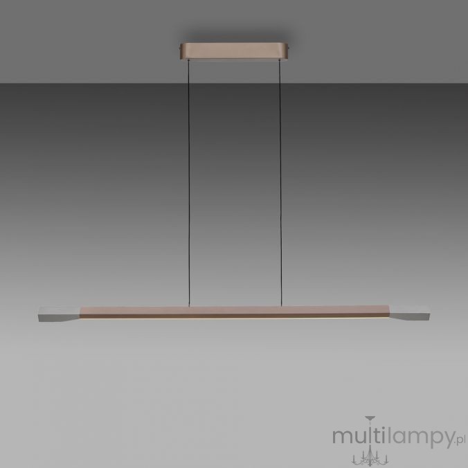Lampa wisząca LED Hoop 27W 3000K w kolorze brązowym z aluminium. Prosta, minimalistyczna konstrukcja w formie prostej belki, zawieszona na cienkich linkach. Górna część w brązowym odcieniu, dolna z aluminium, podkreślająca nowoczesny styl.