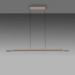 Lampa wisząca LED Hoop 27W 3000K w kolorze brązowym z aluminium. Prosta, minimalistyczna konstrukcja w formie prostej belki, zawieszona na cienkich linkach. Górna część w brązowym odcieniu, dolna z aluminium, podkreślająca nowoczesny styl.