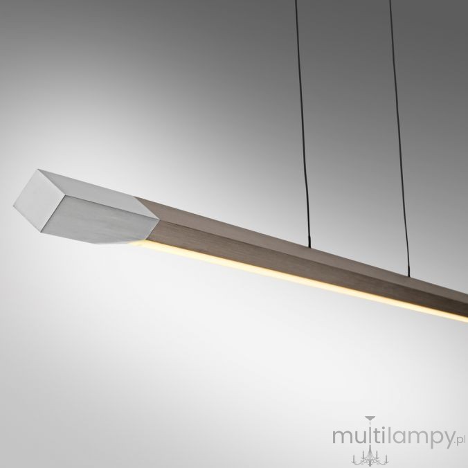 Lampa wisząca LED Hoop 27W 3000K w brązowym kolorze z aluminium. Optyka w kształcie prostokątnej belki, zawieszona na czarnych przewodach. Górna część z metalicznym wykończeniem, dolna z ciepłym światłem LED.