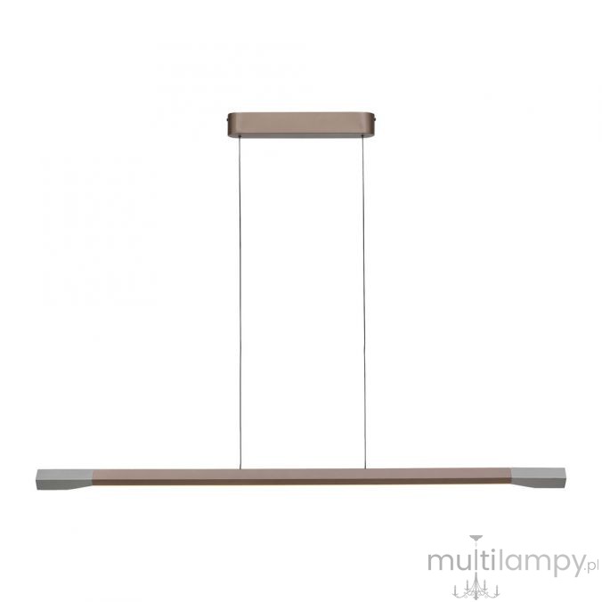 Lampa wisząca LED Hoop 27W w kolorze brązowym i aluminiowym, o prostokątnym kształcie. Zawieszona na cienkich linkach, z minimalistycznym designem. Źródło światła 3000K, zapewnia ciepłe oświetlenie. Montowana sufitowo, na białym tle.