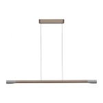 Lampa wisząca LED Hoop 27W w kolorze brązowym i aluminiowym, o prostokątnym kształcie. Zawieszona na cienkich linkach, z minimalistycznym designem. Źródło światła 3000K, zapewnia ciepłe oświetlenie. Montowana sufitowo, na białym tle.
