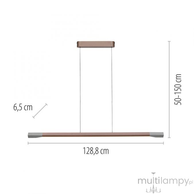 Lampa wisząca LED 27W w kolorze brązowym z aluminiowymi detalami. Wymiary: długość 128,8 cm, wysokość regulowana 50-150 cm, szerokość 6,5 cm. Prosty, minimalistyczny design z dwoma końcówkami w kolorze aluminium.
