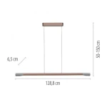 Lampa wisząca LED 27W w kolorze brązowym z aluminiowymi detalami. Wymiary: długość 128,8 cm, wysokość regulowana 50-150 cm, szerokość 6,5 cm. Prosty, minimalistyczny design z dwoma końcówkami w kolorze aluminium.