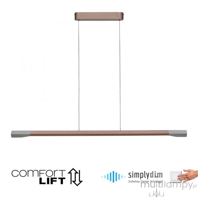 Lampa wisząca LED Hoop 27W 3000K w kolorze brązowym i aluminium, o prostokątnym kształcie, zawieszona na cienkich linkach. U góry umieszczony stelaż w brązowym kolorze, z widocznymi oznaczeniami technologicznymi.