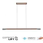 Lampa wisząca LED Hoop 27W 3000K w kolorze brązowym i aluminium, o prostokątnym kształcie, zawieszona na cienkich linkach. U góry umieszczony stelaż w brązowym kolorze, z widocznymi oznaczeniami technologicznymi.