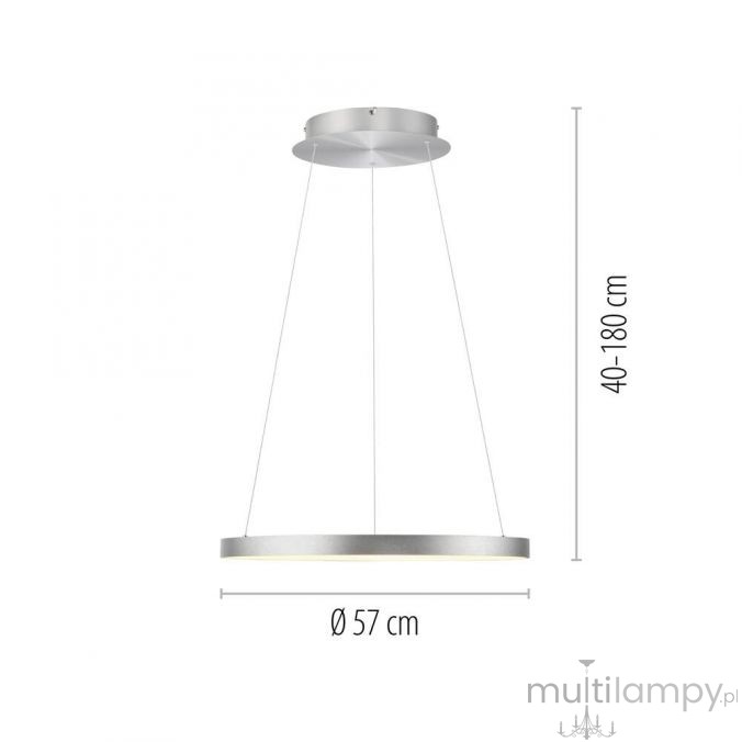 Lampa wisząca LED Hoop o średnicy 57 cm i regulowanej wysokości od 40 do 180 cm, wykonana z aluminium w kolorze srebrnym. Emituje ciepłe światło 3000K. Wisi na cienkich linkach, co nadaje jej nowoczesny wygląd.