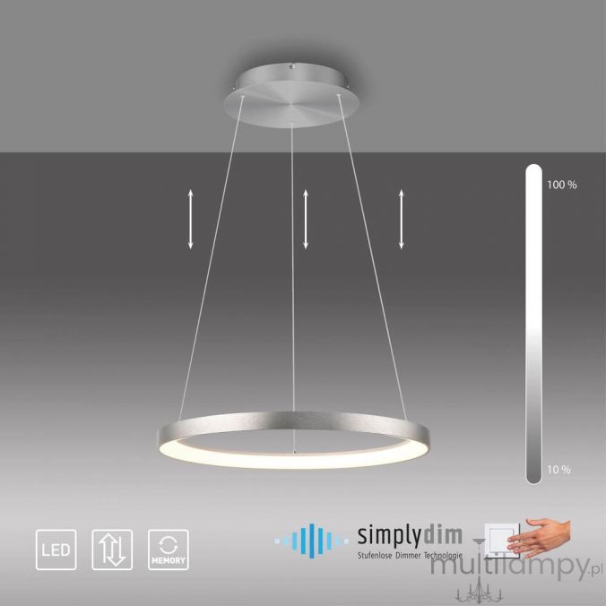 Lampa wisząca LED Hoop o mocy 37W i temperaturze barwowej 3000K, wykonana z aluminium. Ma okrągły kształt, zawieszona na dwóch cienkich linkach. Na tle szarym widoczne symbole funkcji dimmera oraz oznaczenie 100% jasności.