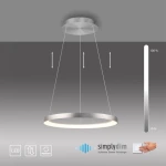 Lampa wisząca LED Hoop o mocy 37W i temperaturze barwowej 3000K, wykonana z aluminium. Ma okrągły kształt, zawieszona na dwóch cienkich linkach. Na tle szarym widoczne symbole funkcji dimmera oraz oznaczenie 100% jasności.