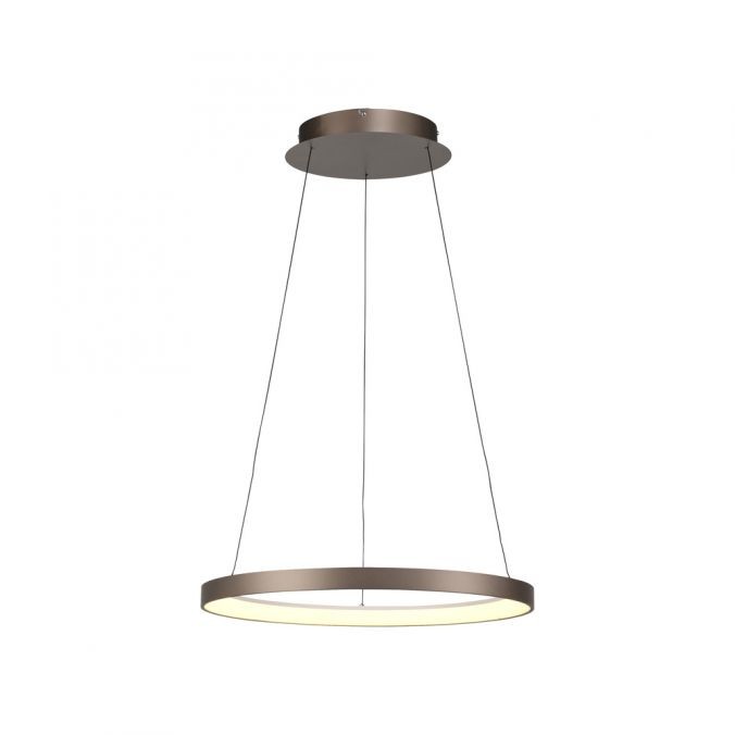 Koło lampa wisząca LED 37W 3000K w kolorze kawowym, z metalową podstawą, zawieszona na cienkich linkach. Okrągły kształt z jasnym źródłem światła na obrzeżu, montowana sufitowo. Tło jasne, podkreślające detal lampy.