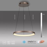 Lampa wisząca LED Hoop koło 37W 3000K w kolorze kawowym, z okrągłym, metalowym kloszem. Zawieszona na cienkich linkach, umożliwia regulację wysokości. Posiada funkcję ściemniania, co podkreśla jej nowoczesny design.