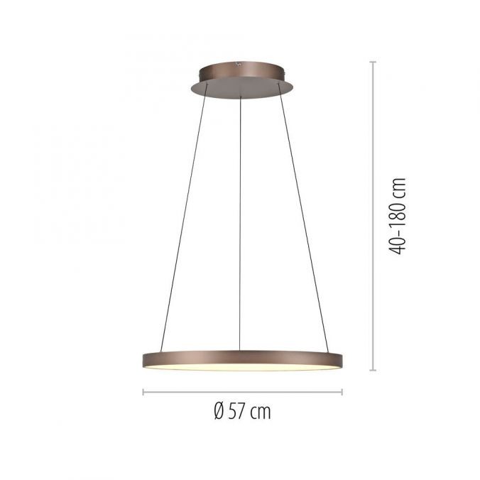 Lampa wisząca LED Hoop o mocy 37W i temperaturze barwowej 3000K w kolorze kawowym. Okrągły klosz o średnicy 57 cm, zawieszony na regulowanych linkach, z wysokością od 40 do 180 cm. Minimalistyczny design, idealna do nowoczesnych wnętrz.
