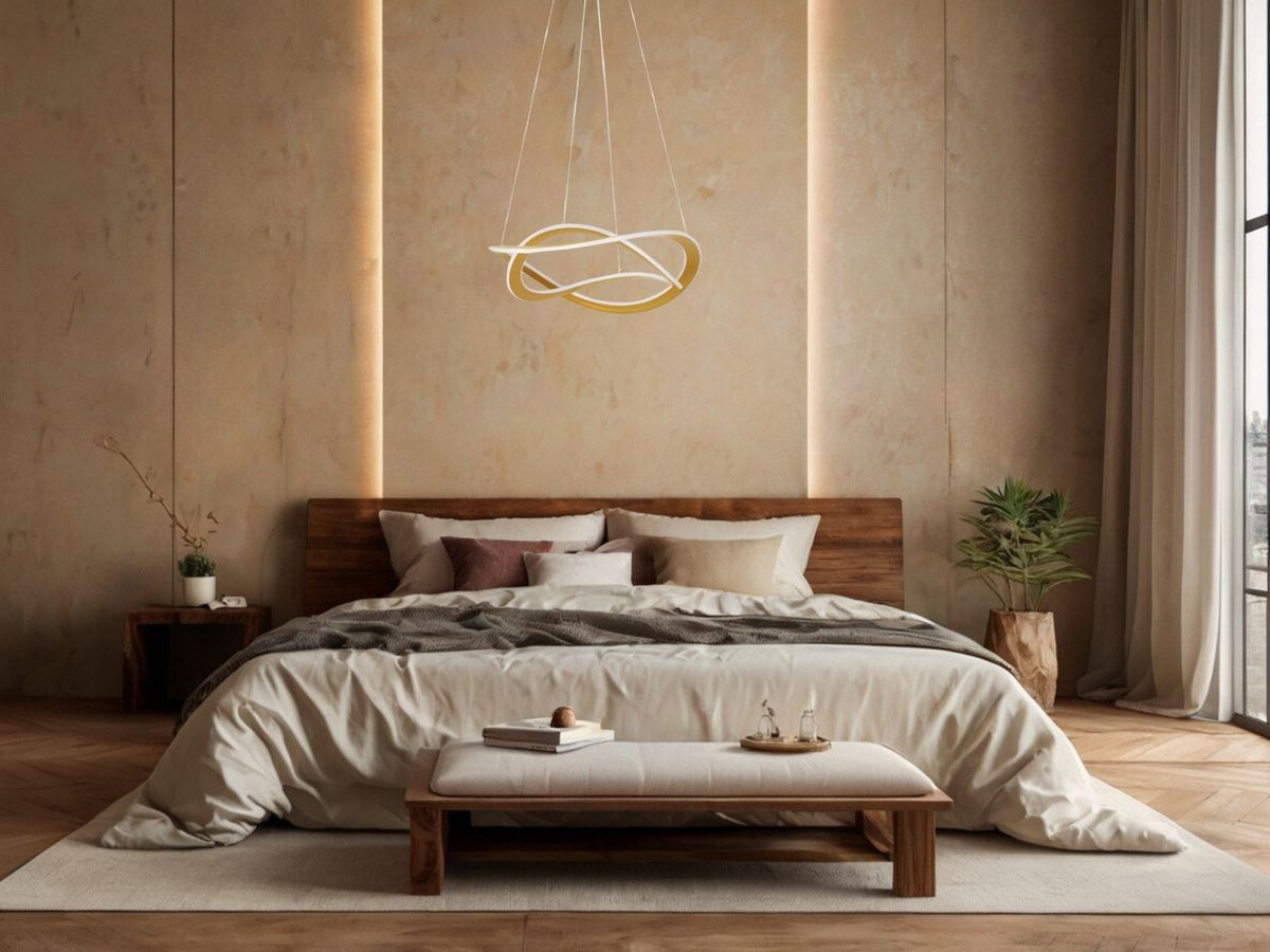 Lampa wisząca Jauja 2xLED 87W w kolorze złotym, o nowoczesnym kształcie, zawieszona nad łóżkiem w sypialni. Tło w odcieniach beżu, z drewnianymi elementami i roślinnością, tworzy przytulną atmosferę.