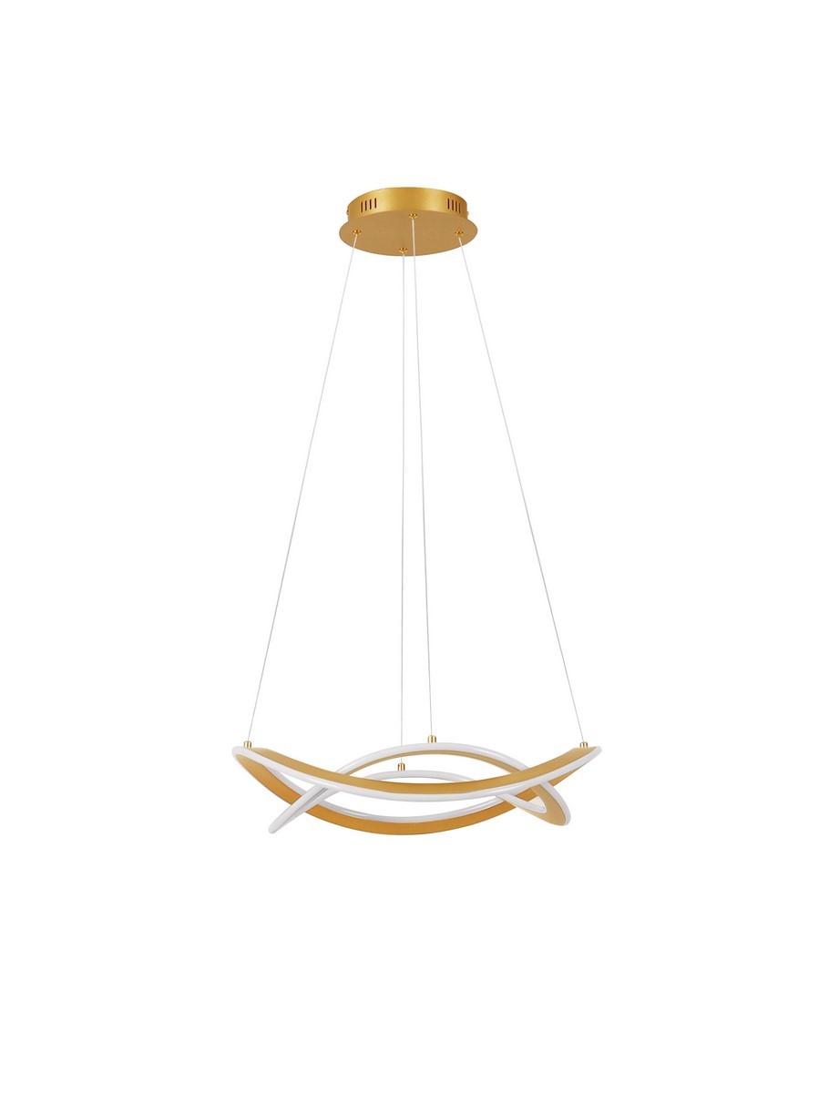 Lampa wisząca Jauja z dwoma źródłami światła LED o mocy 87W, w kolorze złotym. Produkt ma nowoczesny, falisty kształt z białymi akcentami. Zawieszona na cienkich linkach, z metalowym mocowaniem sufitowym. Tło białe, co podkreśla elegancki design.