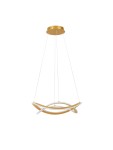 Lampa wisząca Jauja z dwoma źródłami światła LED o mocy 87W, w kolorze złotym. Produkt ma nowoczesny, falisty kształt z białymi akcentami. Zawieszona na cienkich linkach, z metalowym mocowaniem sufitowym. Tło białe, co podkreśla elegancki design.