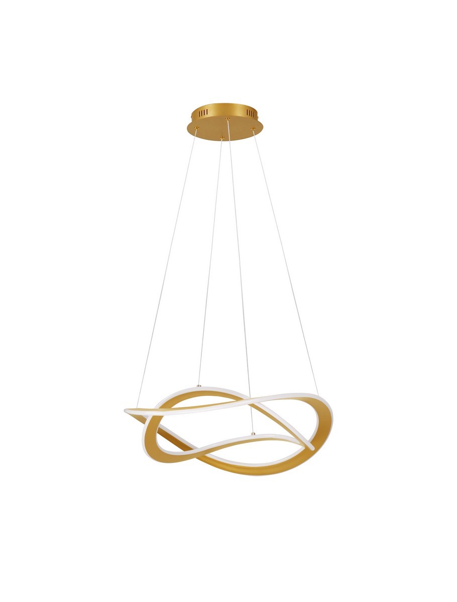 Lampa wisząca Jauja 2xLED 87W w kolorze złotym, z unikalnym, falistym kształtem. Zawieszona na białych linkach, z okrągłym, złotym stropem. Nowoczesny design, idealna do różnych wnętrz. Prosta forma podkreślająca elegancję.