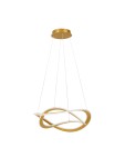 Lampa wisząca Jauja 2xLED 87W w kolorze złotym, z unikalnym, falistym kształtem. Zawieszona na białych linkach, z okrągłym, złotym stropem. Nowoczesny design, idealna do różnych wnętrz. Prosta forma podkreślająca elegancję.