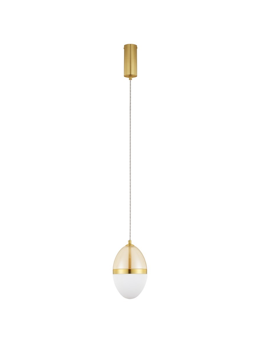 Lampa wisząca Arena z jednym źródłem LED 20W w złotej obudowie. Owalny klosz z białego szkła, zawieszony na cienkim, srebrnym przewodzie. Prosty, nowoczesny design, idealna do różnorodnych aranżacji wnętrz.