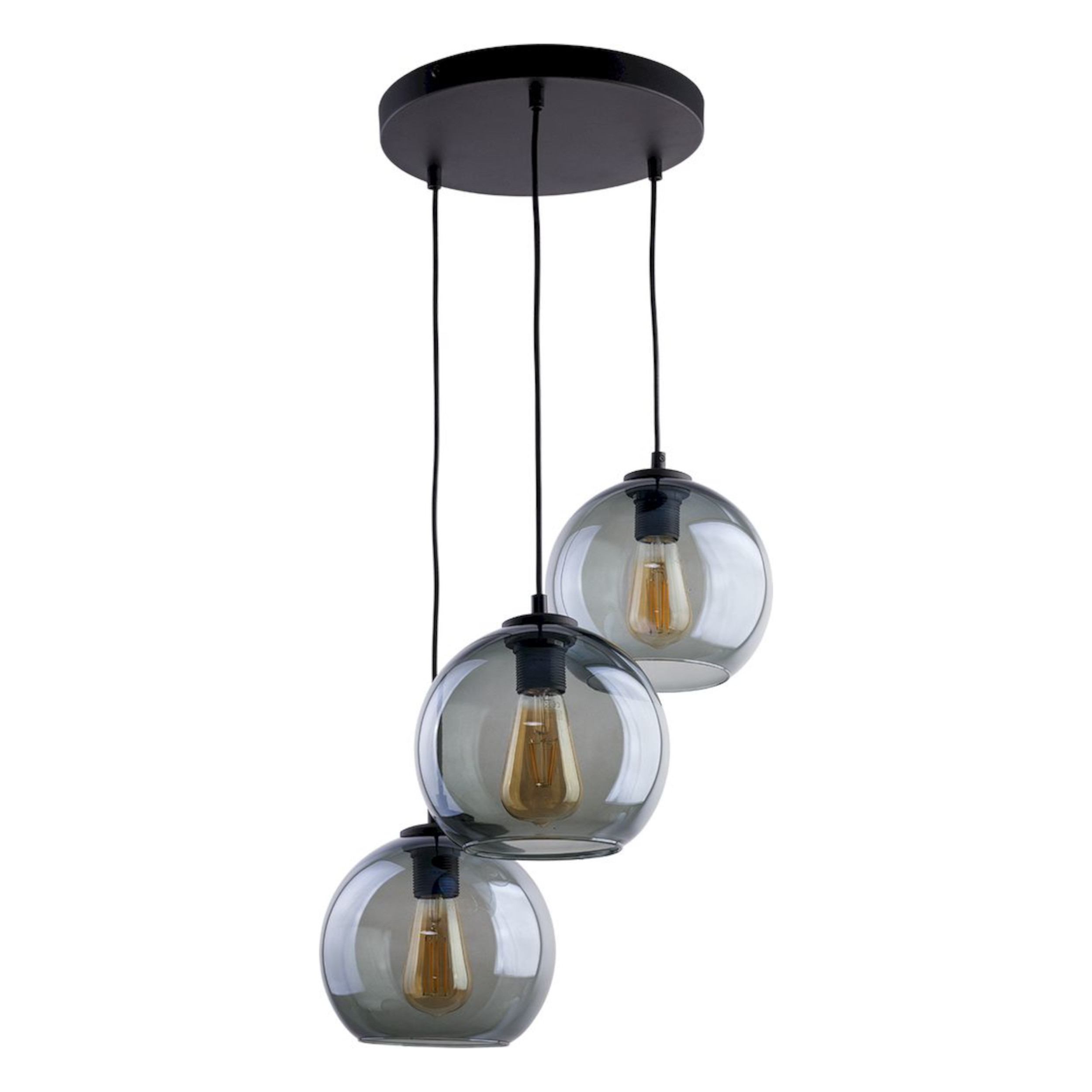 Lampa wisząca Cubus Graphite 3-punktowa, składająca się z trzech szklanych kul w odcieniu grafitowym, zawieszonych na czarnych linkach. Każda kula zawiera żarówkę w stylu retro. Montaż sufitowy, elegancki design.
