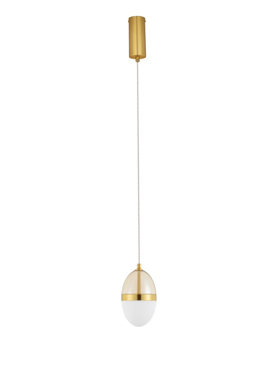 Lampa wisząca Arena 1xLED 13W w złotym kolorze, z przezroczystym kloszem w kształcie owalu. Produkt zawieszony na białym przewodzie, z metalowym mocowaniem sufitowym. Idealna do nowoczesnych wnętrz.