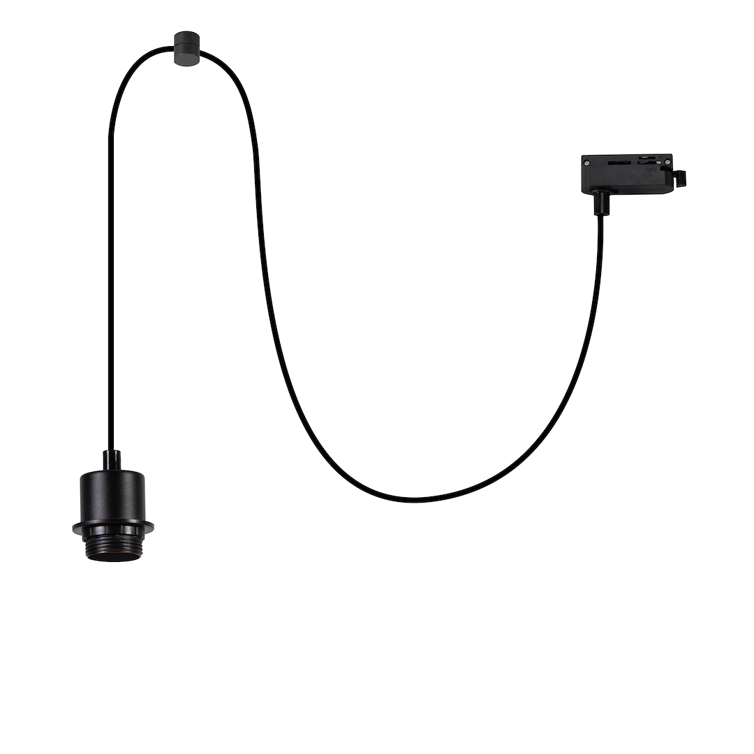 Zawiesie do szyny E27 w kolorze czarnym, z okrągłym uchwytem na górze i cylindrycznym gniazdem na dole. Długa, czarna linka łączy gniazdo z systemem mocowania, pozwalając na łatwe zawieszenie. Produkt widoczny w kształcie prostym, na białym tle.