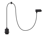 Zawiesie do szyny E27 w kolorze czarnym, z okrągłym uchwytem na górze i cylindrycznym gniazdem na dole. Długa, czarna linka łączy gniazdo z systemem mocowania, pozwalając na łatwe zawieszenie. Produkt widoczny w kształcie prostym, na białym tle.