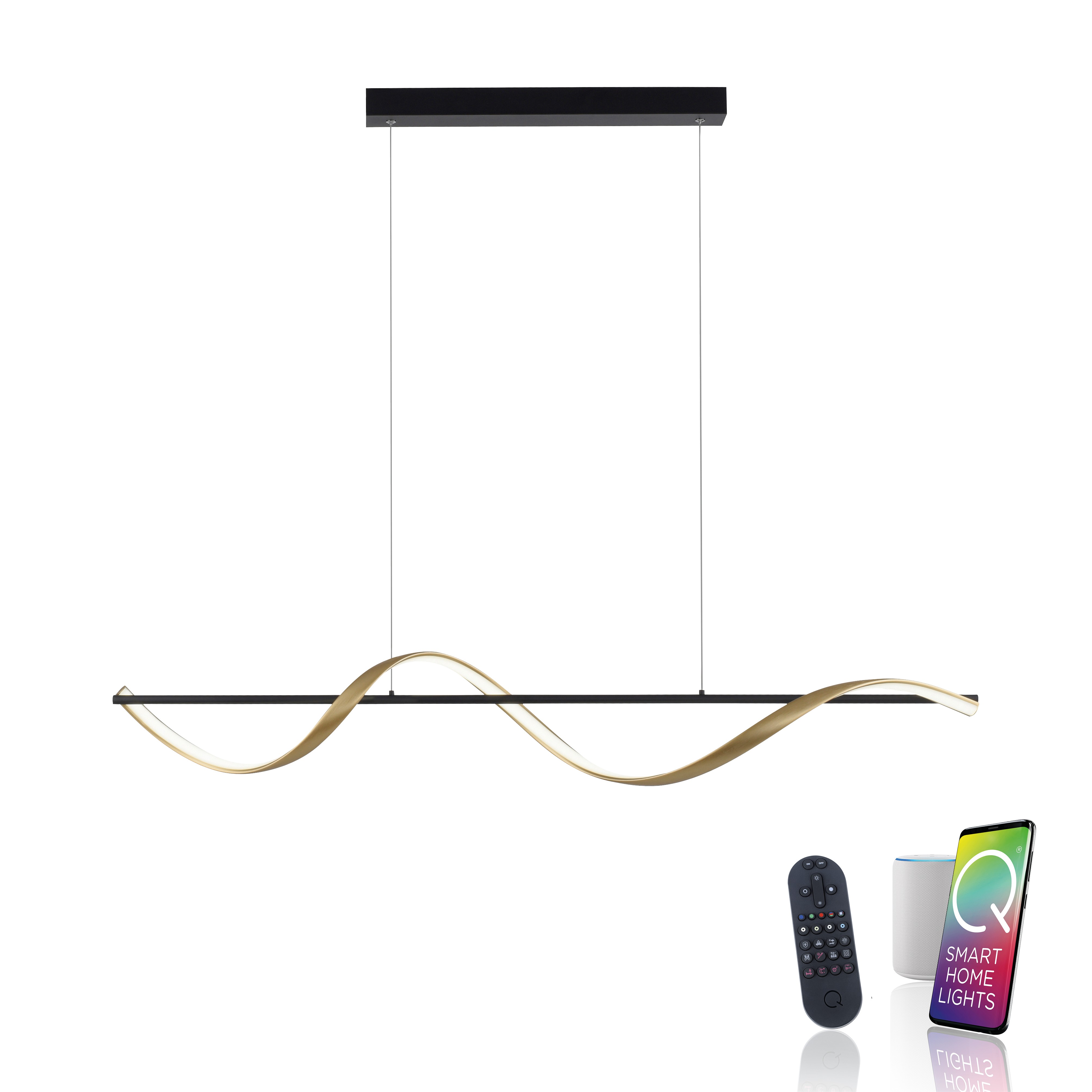 Lampa wisząca Q-swing LED 28W w kolorze antracytowym i mosiężnym, z opływowym kształtem. Zawieszona na cienkich linkach, z pilotem do zdalnego sterowania. Widoczne elementy: pilot, smartfon z aplikacją. Tło białe, minimalistyczne.