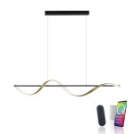 Lampa wisząca Q-swing LED 28W w kolorze antracytowym i mosiężnym, z opływowym kształtem. Zawieszona na cienkich linkach, z pilotem do zdalnego sterowania. Widoczne elementy: pilot, smartfon z aplikacją. Tło białe, minimalistyczne.