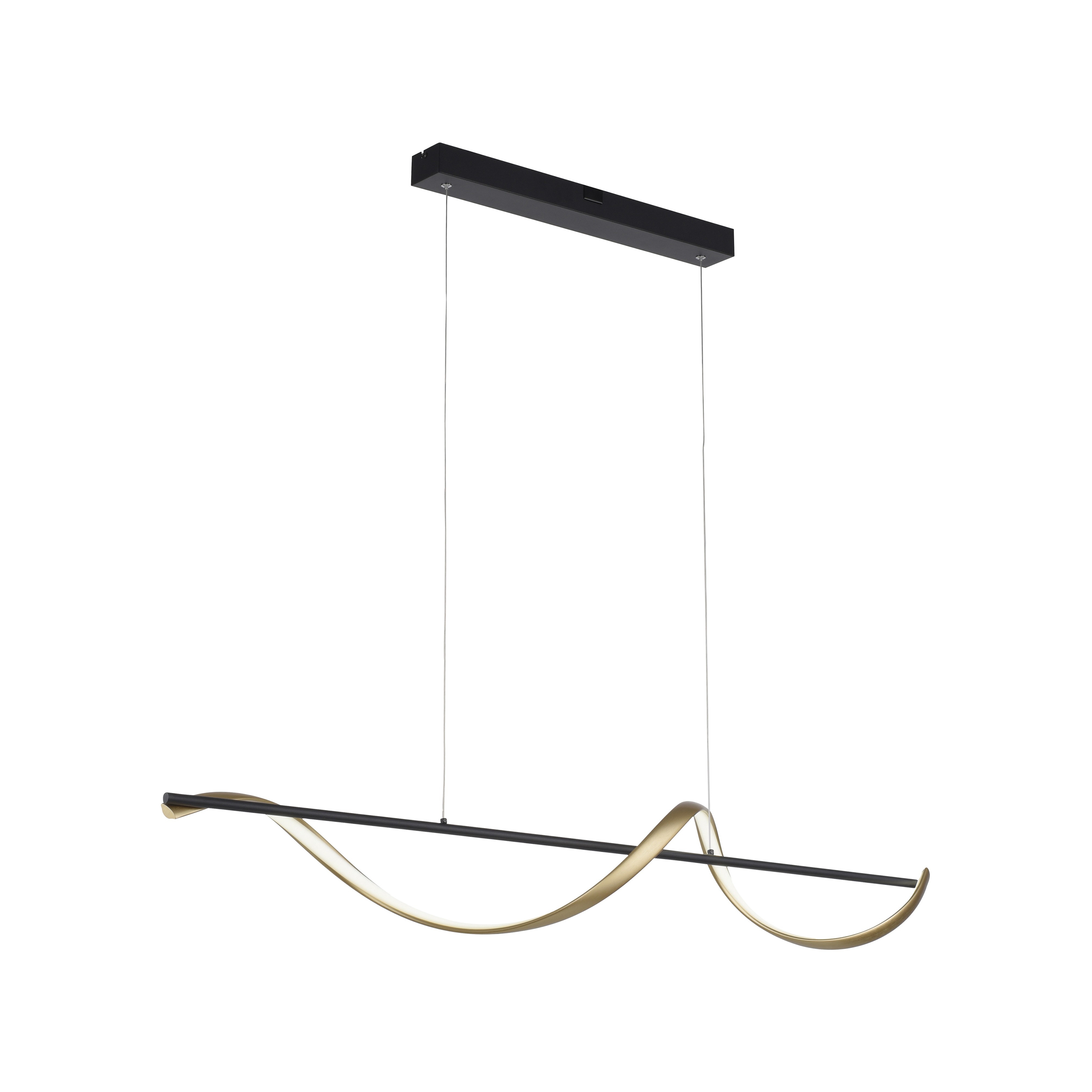 Lampa wisząca Q-swing LED 28W CCT w kolorze antracytowym i mosiężnym, z podłużnym, falistym kloszem. Montowana na cienkich linkach, z prostokątnym mocowaniem. Zdalne sterowanie pilotem. Idealna do nowoczesnych wnętrz.