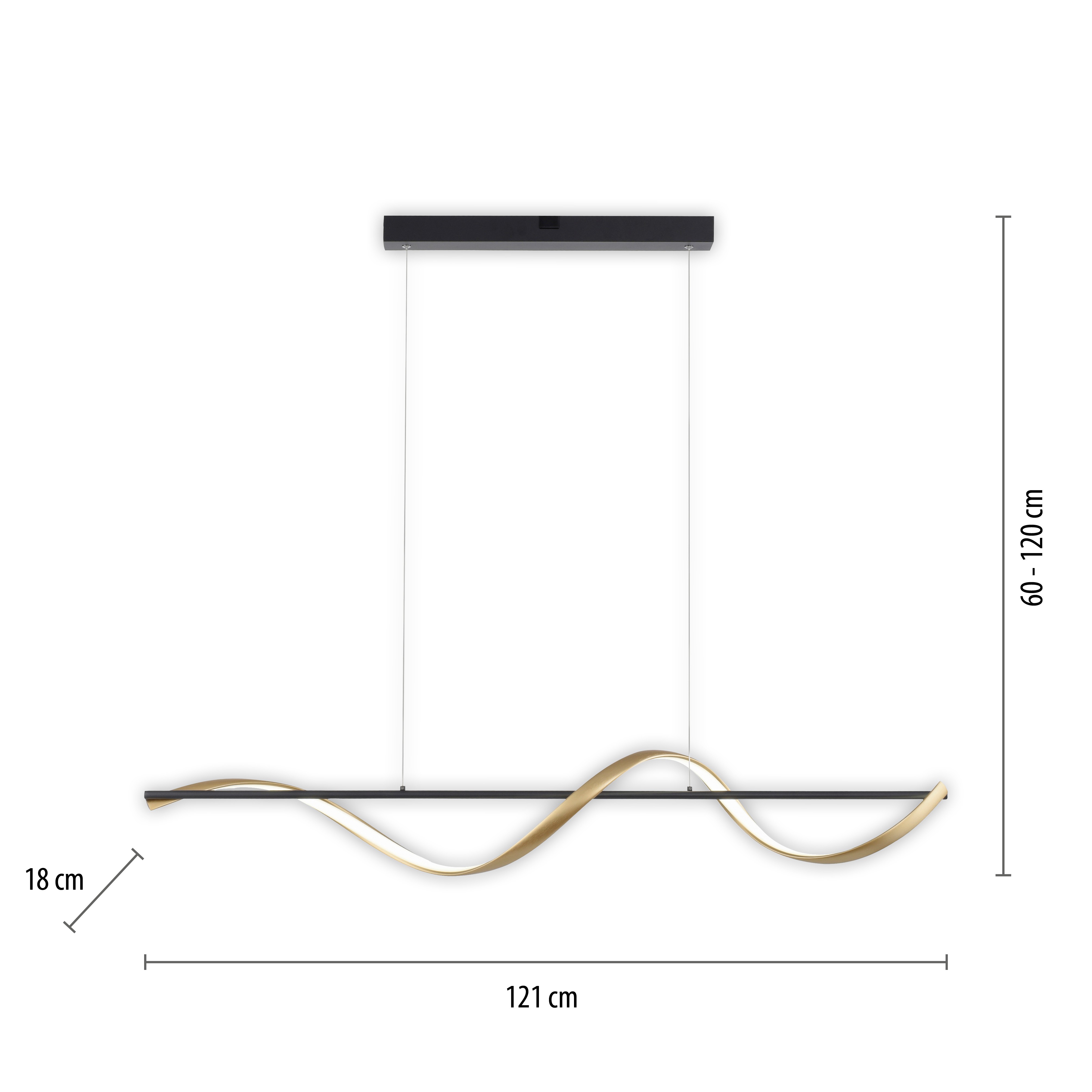 Lampa wisząca Q-swing LED 28W w kolorze antracytowym z mosiężnymi akcentami. Wymiary: długość 121 cm, wysokość regulowana 60-120 cm, szerokość 18 cm. Wzór fali nadaje nowoczesny charakter. Pilot do zdalnego sterowania w zestawie.