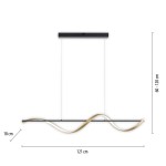 Lampa wisząca Q-swing LED 28W w kolorze antracytowym z mosiężnymi akcentami. Wymiary: długość 121 cm, wysokość regulowana 60-120 cm, szerokość 18 cm. Wzór fali nadaje nowoczesny charakter. Pilot do zdalnego sterowania w zestawie.
