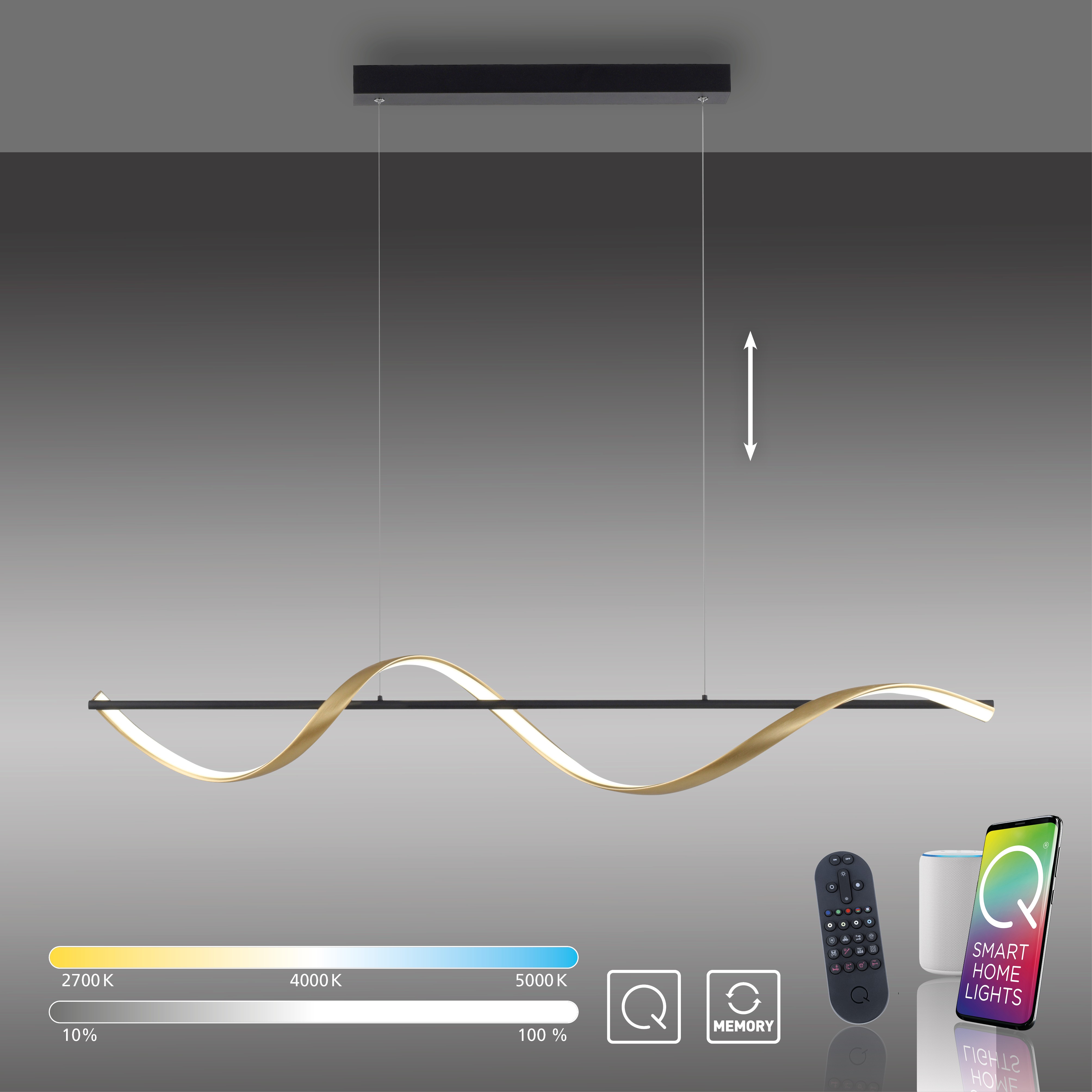 Lampa wisząca Q-swing LED 28W w kolorze antracytowym z mosiężnymi detalami. Posiada falisty kształt i regulowaną wysokość. Zestaw obejmuje pilot do zdalnego sterowania. Wyposażona w funkcje zmiany temperatury barwowej (2700K-5000K).