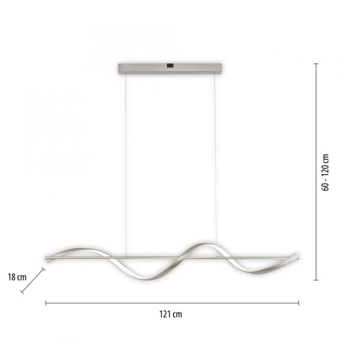 Lampa wisząca Q-swing LED 28W w kolorze nikiel satyna. Kształt falisty, długość 121 cm, szerokość 18 cm, regulowana wysokość 60-120 cm. Posiada pilot do sterowania. Prosta konstrukcja, zawieszona na dwóch cienkich linkach.