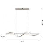Lampa wisząca Q-swing LED 28W w kolorze nikiel satyna. Kształt falisty, długość 121 cm, szerokość 18 cm, regulowana wysokość 60-120 cm. Posiada pilot do sterowania. Prosta konstrukcja, zawieszona na dwóch cienkich linkach.
