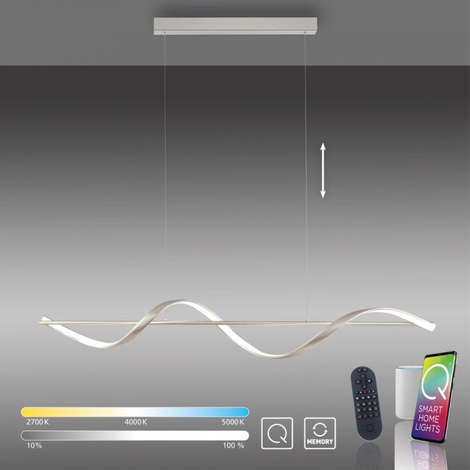 Lampa wisząca Q-swing LED 28W w kolorze nikiel satyna. Posiada falisty kształt, regulowaną wysokość i zdalne sterowanie. Widoczne są opcje barw światła (2700K, 4000K, 5000K) oraz pilot. Tło w odcieniach szarości.