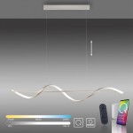 Lampa wisząca Q-swing LED 28W w kolorze nikiel satyna. Posiada falisty kształt, regulowaną wysokość i zdalne sterowanie. Widoczne są opcje barw światła (2700K, 4000K, 5000K) oraz pilot. Tło w odcieniach szarości.